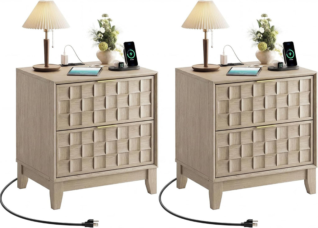 Night Stand with Charging Station Set of 2, Modern Nightstand Bedside Table, Wooden 2 Drawers Dresser, with