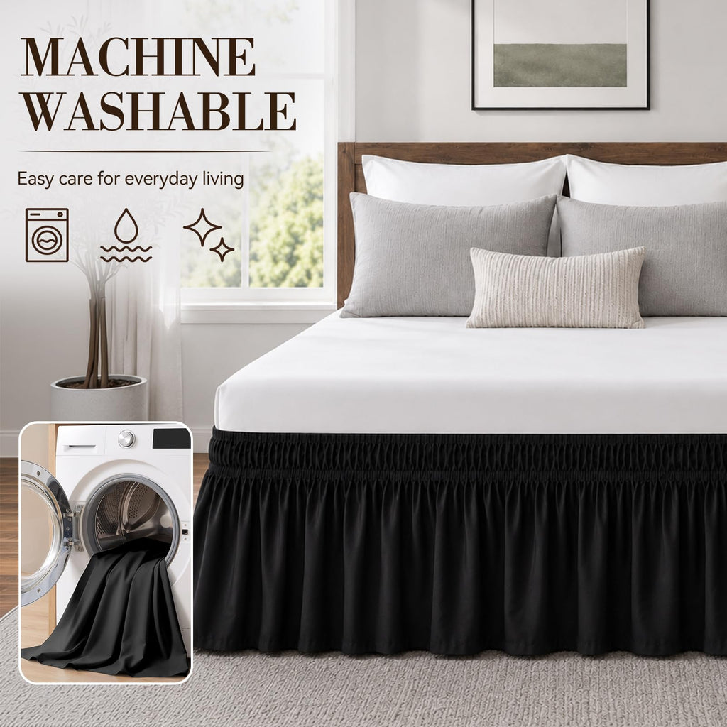 Black King Bed Skirt 14 Inch Drop, Elastic Wrap Dust Ruffle