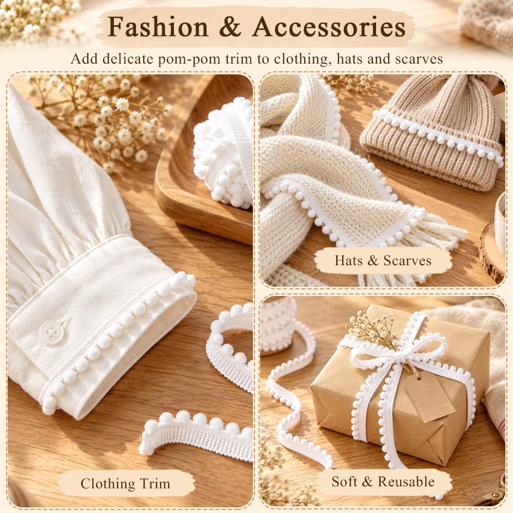 Pom Pom Trim Ribbon, 10 Yards White Pom Ball Fringe Trim for Sewing DIY