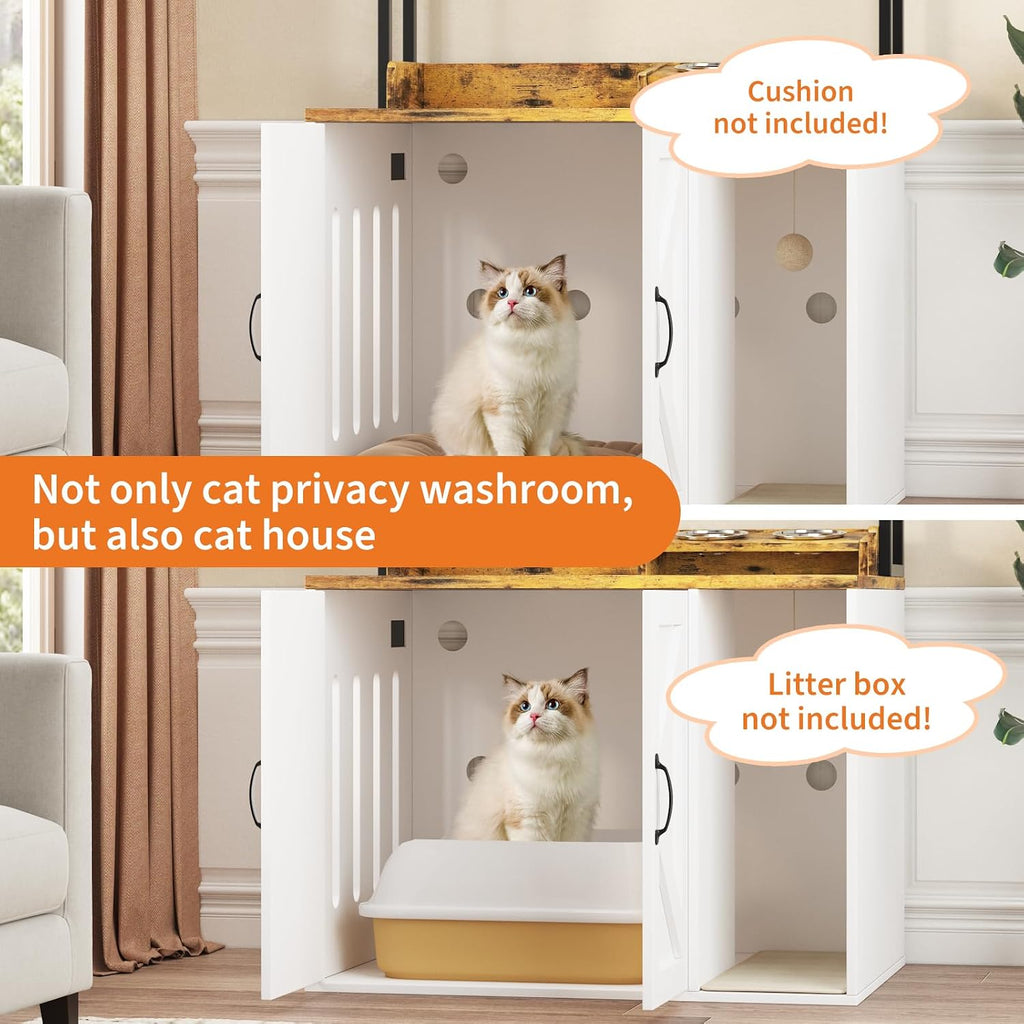 53" H Cat Litter Box Enclosure, Hidden Cabinet w/Storage & Charging, White