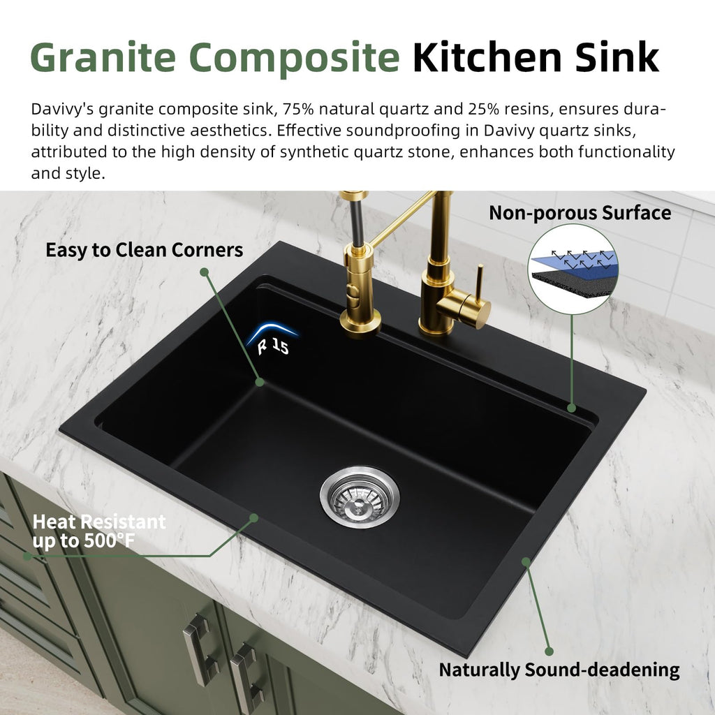 25 Inch Black Granite Composite Kitchen Sink Workstation, Quartz Kitchen Sink Black, Drop in & Undermount