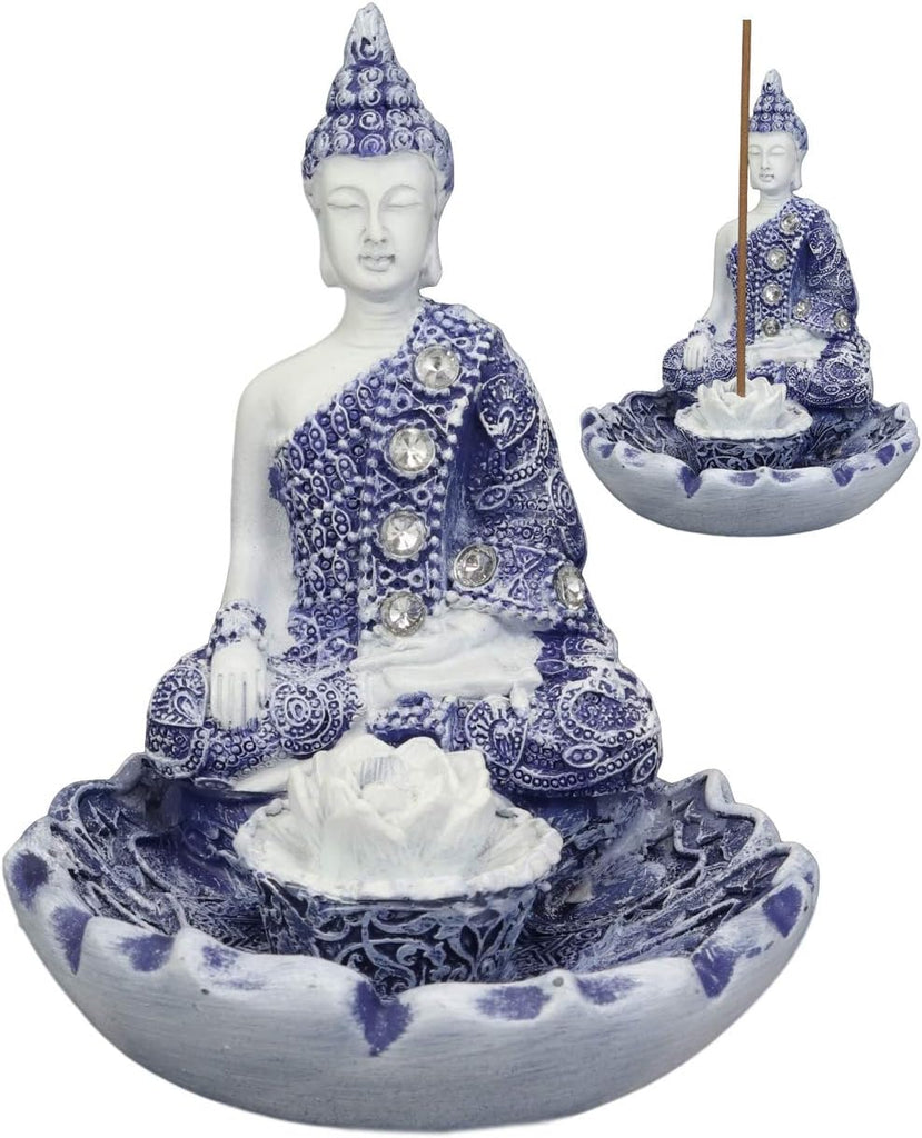 Bhumisparsha Mudra Buddha Amitabha Meditating by Padma Lotus Flower Incense Holder Burner Figurine in Terracotta Blue