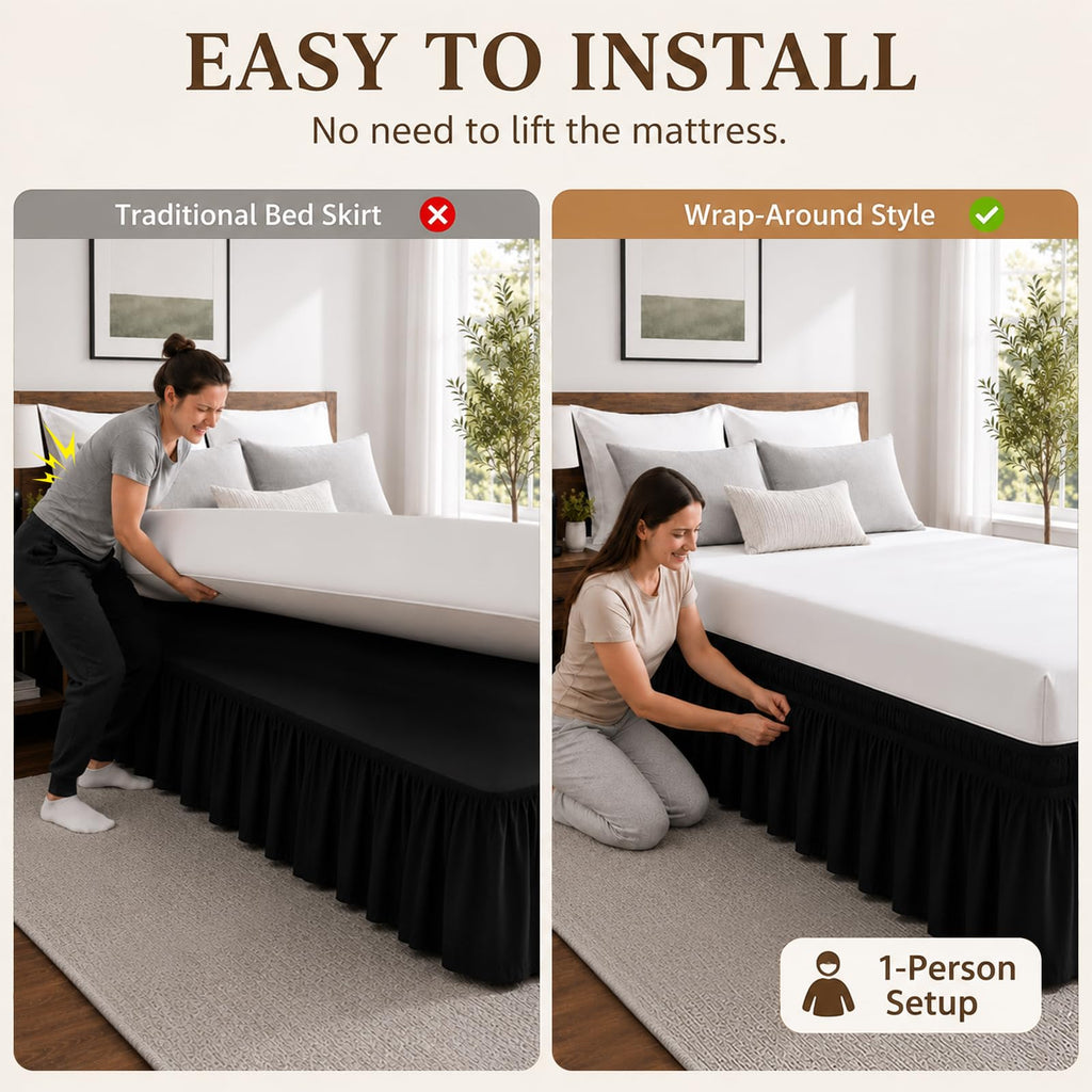Black King Bed Skirt 14 Inch Drop, Elastic Wrap Dust Ruffle