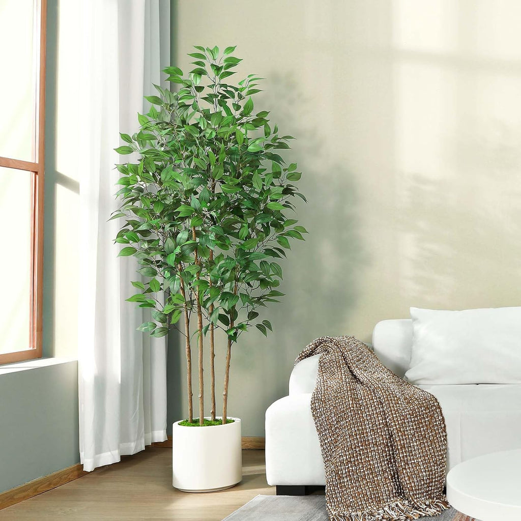 Ficus Artificial Tree 6ft Fake Silk Plant Decor Indoor, Faux Floor Tree in White Imitation Ceramic Planter with Green