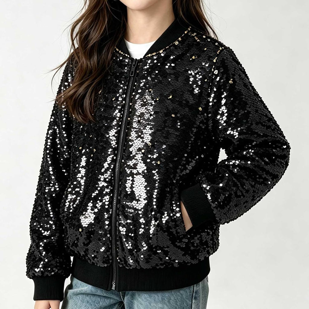 Kids Glitter Sequin Zip Up Bomber Jacket for Boy Girl Y2K Sparkly Back to School Party Coat Stage Performance Jackets