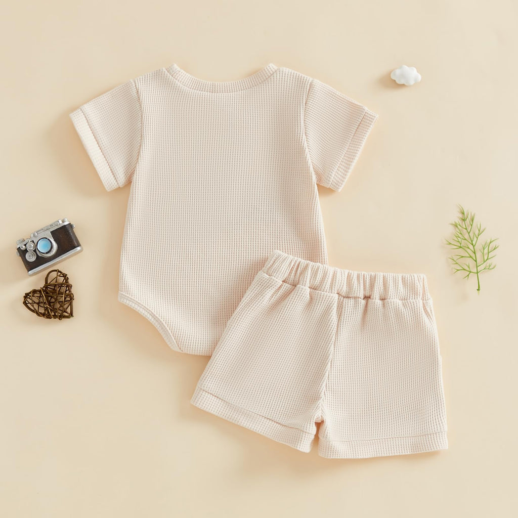 Baby Boy Summer Clothes Newborn Infant Outfit Letter Embroidery Print Short Sleeve Romper with Shorts 2Pcs Set