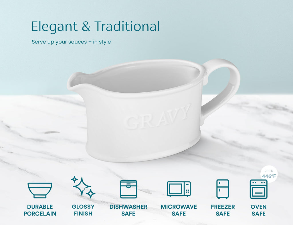 Ceramic Gravy Boat, Embossed, Farmhouse, 18 oz, White