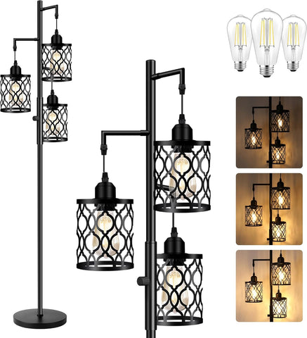 Dimmable Farmhouse Floor Lamp, Industrial Floor Lamp with 3 X 6W LED Bulbs, 3 Light Rustic Standing 