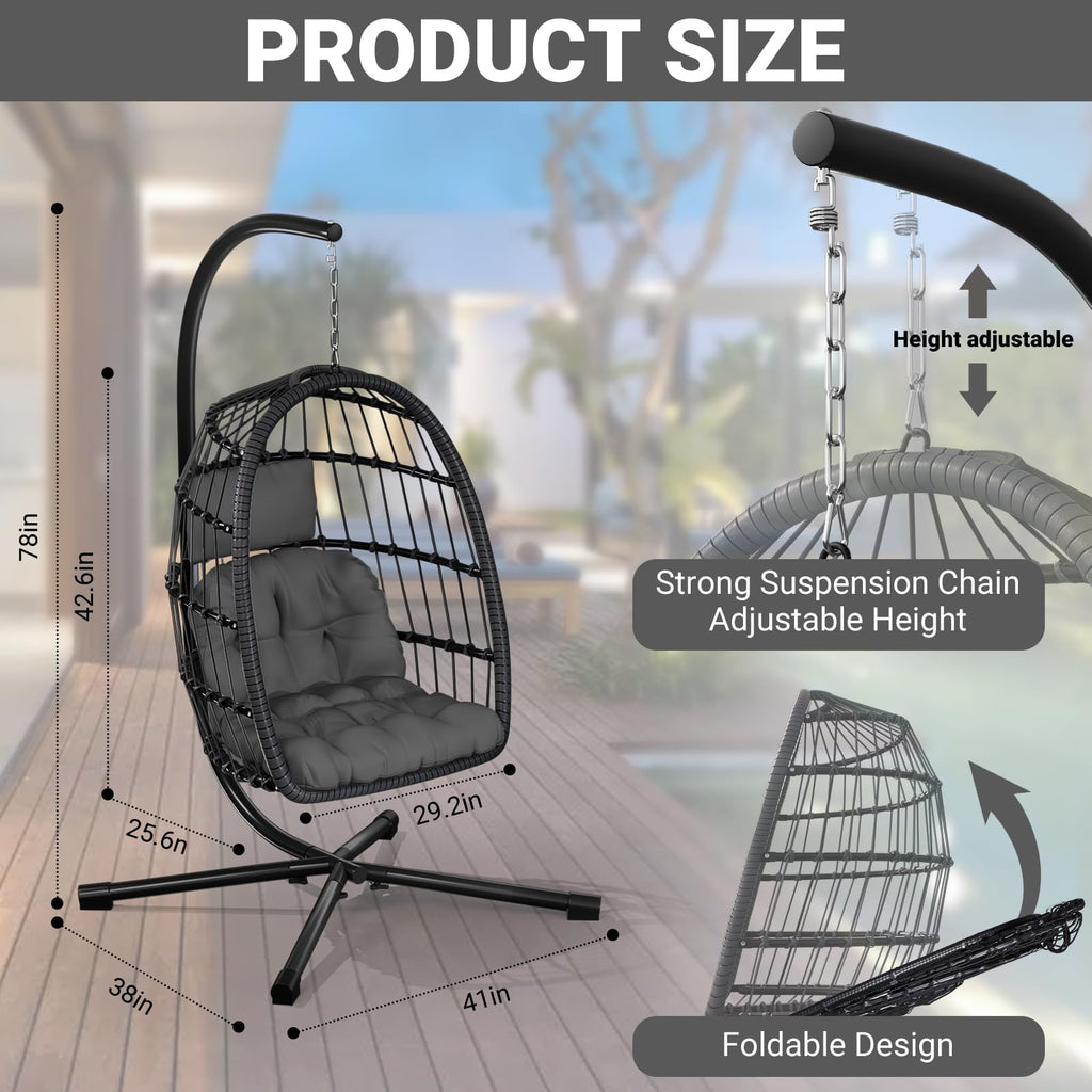 Egg Chair with Stand, Patio Rattan Wicker Hanging Swing Egg Chair Hammock Chair Porch Garden, Thickened Aluminum Alloy
