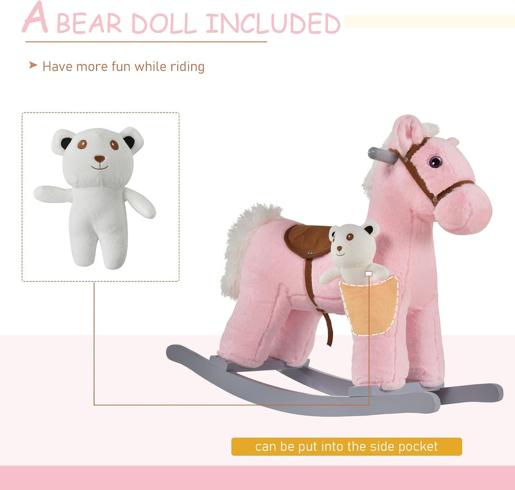 Kids Rocking Horse with Bear Toy Fun Realistic Sounds Toddler Pink