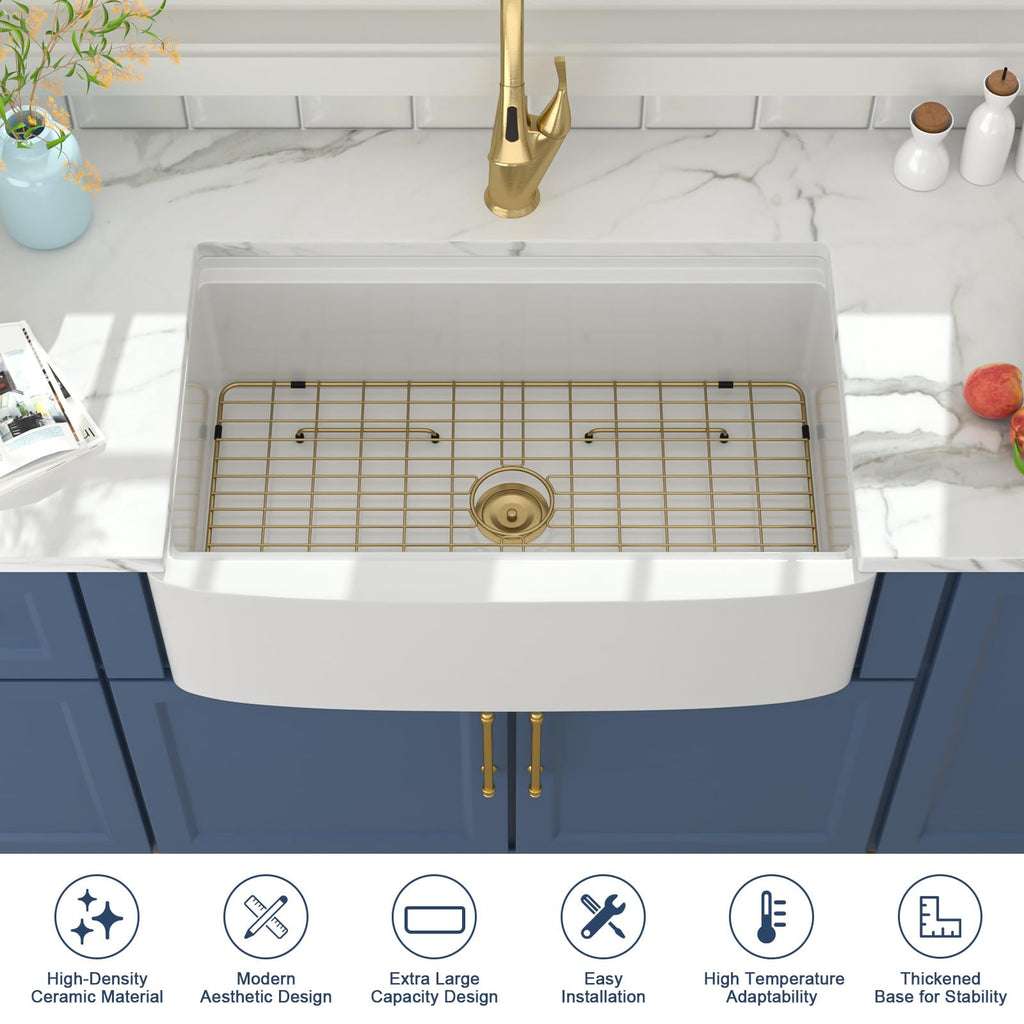 Farmhouse Sink 33 Inch White Kitchen Sinks Workstation Curved Apron Fireclay Porcelain Ceramic Single Bowl Farmer