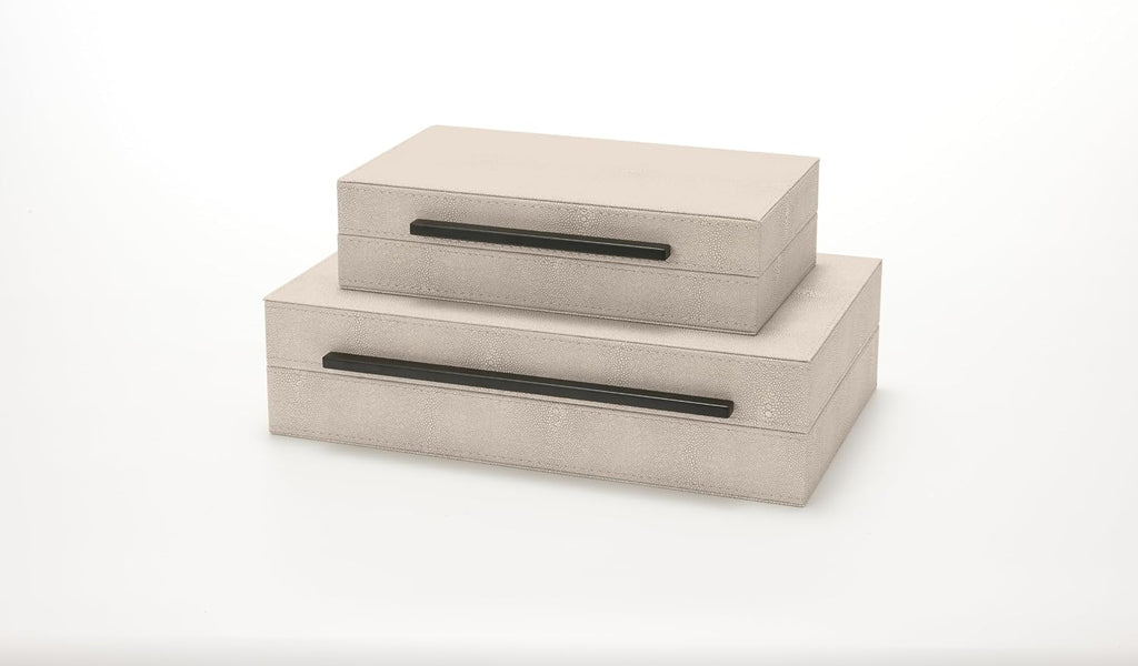 Sagala Ivory Shagreen Decorative Boxes With Black Metal Handles, Faux Leather Jewelry Boxes Modern Storage - Set of 2