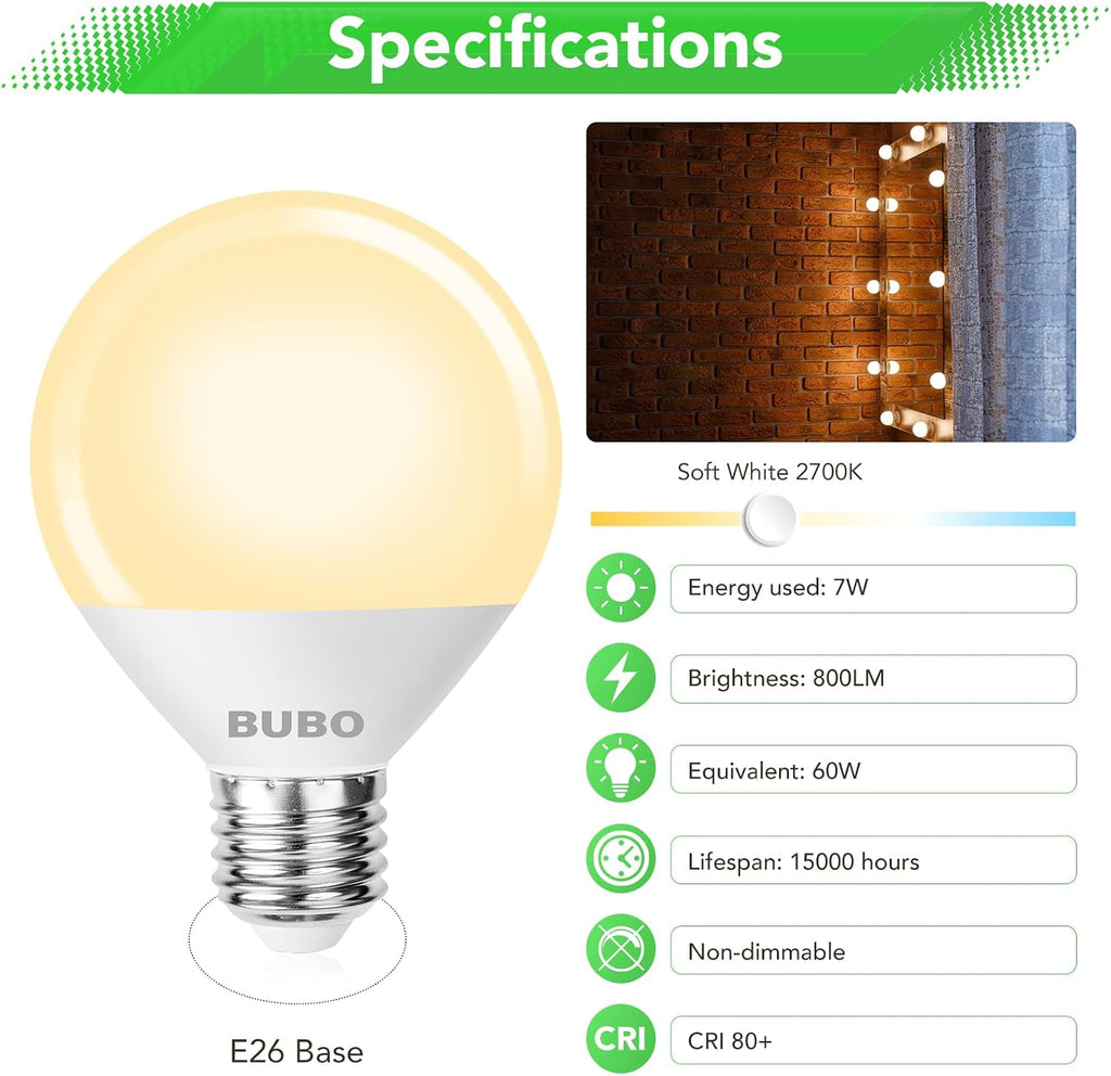 Vanity Light Bulbs for Bathroom Over Mirror, 60 Watt Equivalent, Soft White 2700K, G25 Globe Light Bulb 800 Lumens