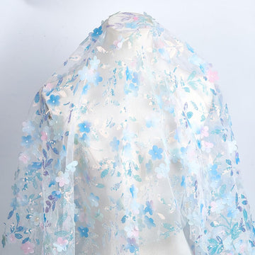 62.99 Inch Light Blue 3D Flower Sequin Tulle Cloth Pattern Netting Sheer Soft Polyester Sparkle Floral Glitter