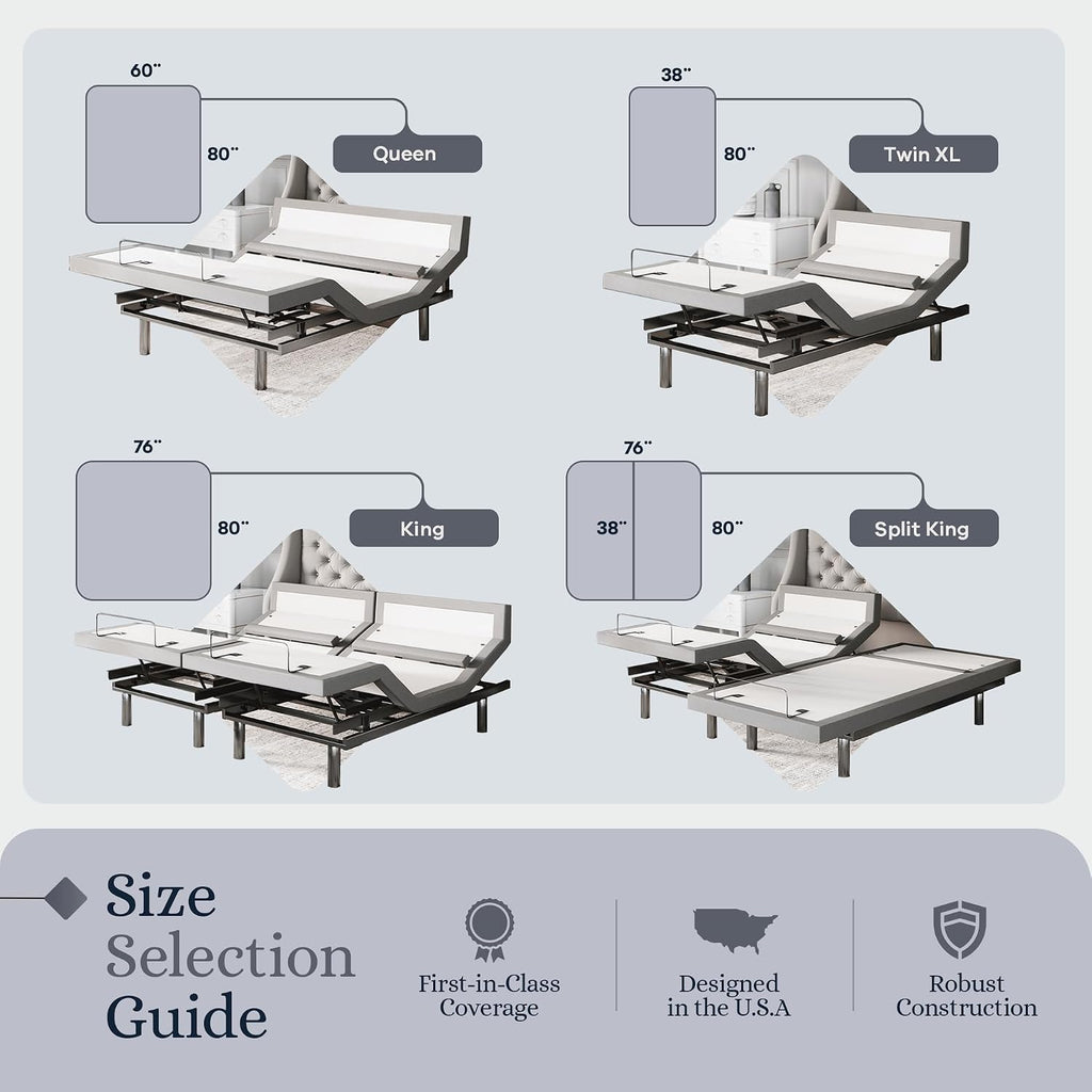 Platinum Adjustable Bed Base Frame Only, Head and Foot Lift, Lumbar Support, Head-Pillow-Tilt, Massage, Under-Bed - Set of 2
