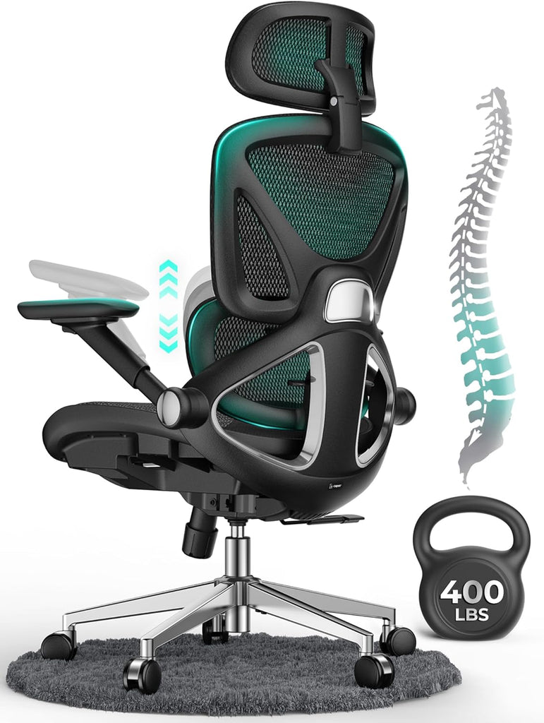 Ergonomic Mesh, Adjustable Lumbar High Back Desk Chair 400lbs, 4D Flip-up Arms, 3-Level Tilt Backrest, 3D Headrest