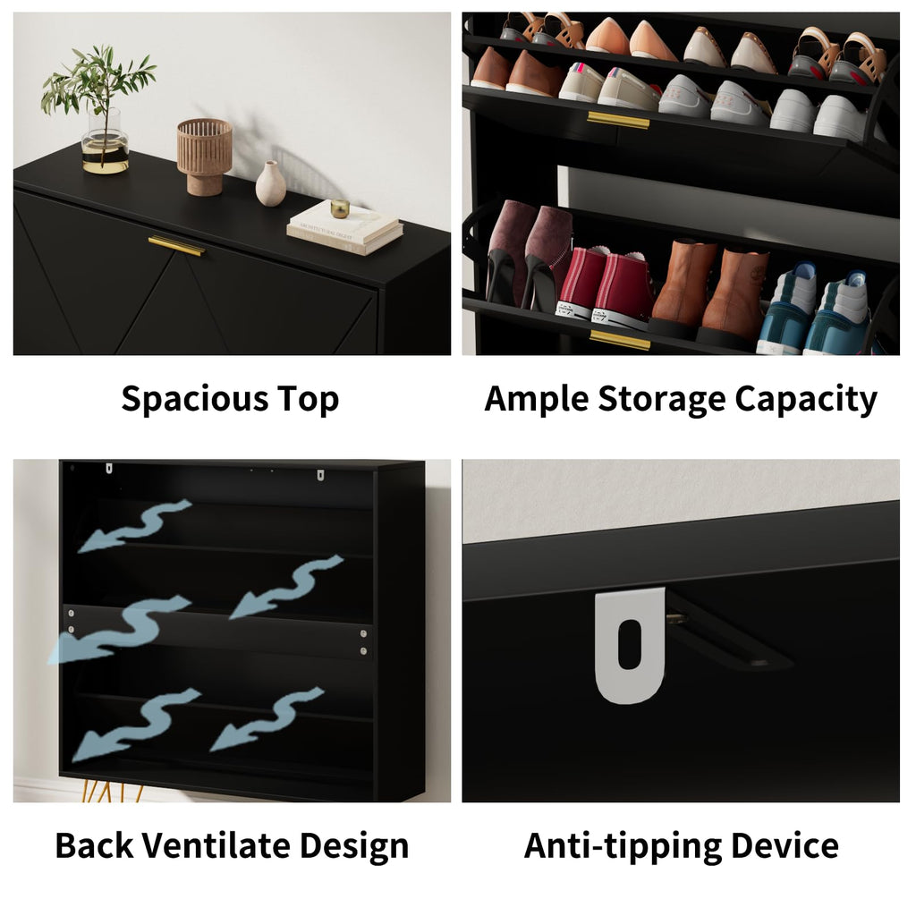Shoe Cabinet Slim, Black Shoe Storage Cabinet with 2 Flip Drawers, Narrow Shoe Rack Cabinet, Freestanding Shoe