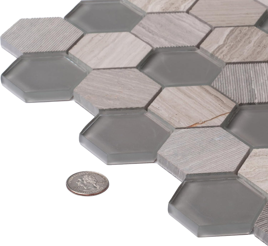 Hexagon Mosaic Glass & Marble Tile Grey 11.8x12 Polished 4.92 sq ft 5-Pack | Mesh-mounted natural stone. Kitchen