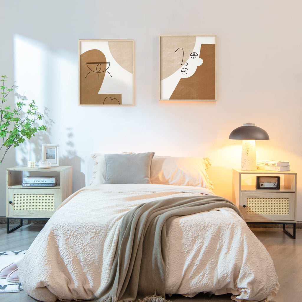 Rattan, Indoor Sofa Side Table with Shelf & Rattan Door Cabinet, Steel Base, Wood Finish, Natural Style Nightstand