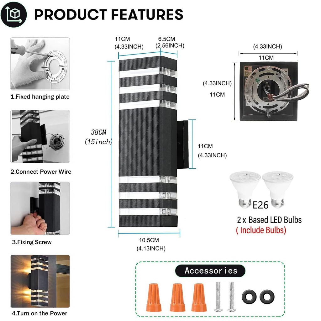 6Pack 15inch LED Square Up & Down wall Lights, 14W Outdoor Wall Light 4000K Day White Aluminum Body Waterproof IP65