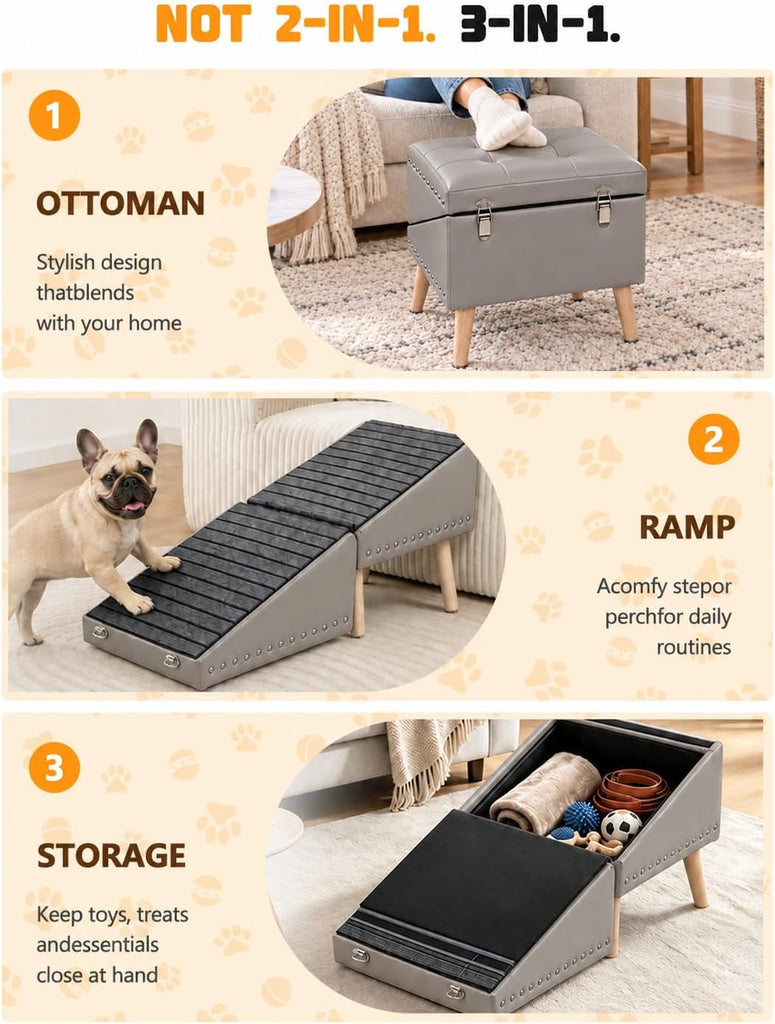 Dog Stairs for Couch, 3-in-1 Dog Safety Ramp and Storage Ottoman