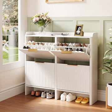43.5" Large White Shoe Cabinet with 4 Flip Drawers, Slim Fluted Shoe Storage Cabinet with Unique Arched Side Panels