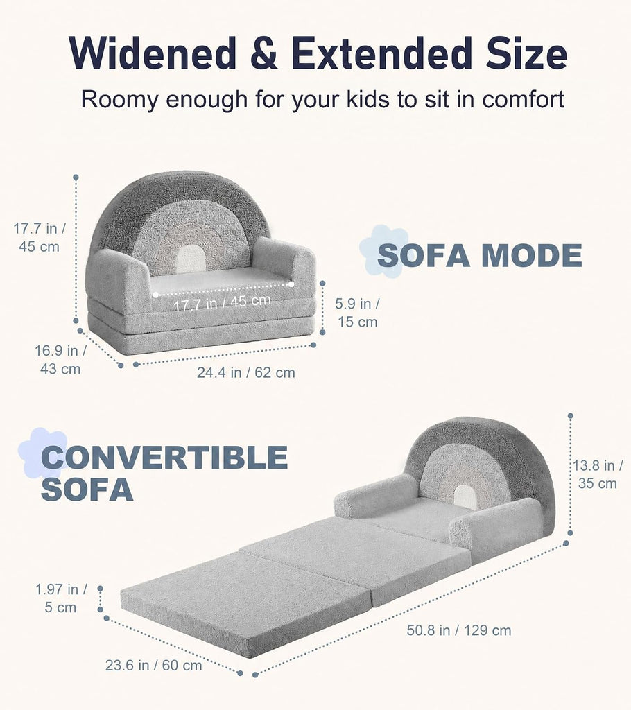 In-1 Extra Large Kids Couch Fold Out, Soft Kid Sofa for Playroom, Gray
