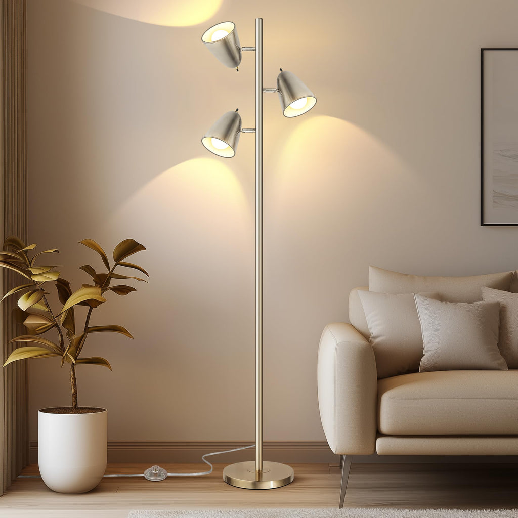 Tree Floor Lamp with 3 Light Bulbs, Standing Tall Pole Lamps Bedroom Office, Reading Stand up Lamps with 3 Adjustable
