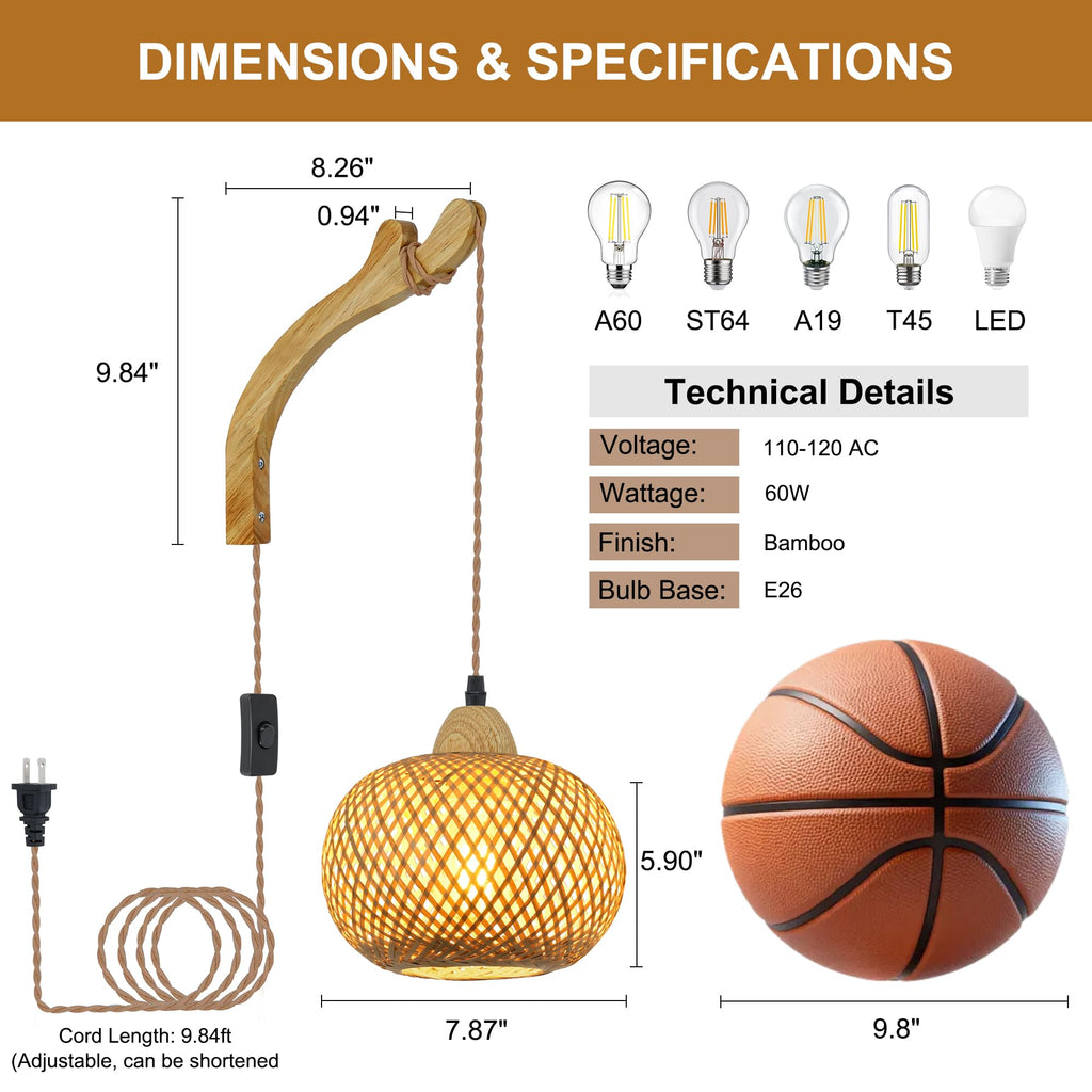Bamboo Lantern Plug in Wall Sconces Wicker Wall Lamp with Plug in Cord Hand Woven Rattan Wall Light Farmhouse Rustic