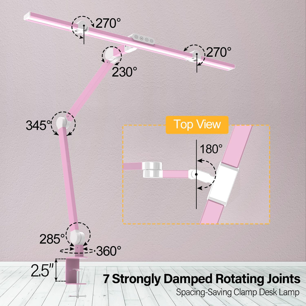 Architect Desk Lamp, Pink Desk Lamp with Clamp for Working, 24W Bright Rotatable Led Table Light Stepless Dimming