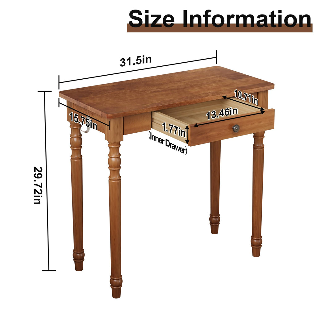 Vintage Solid Wood Writing Desk - 31.5" Mid Century Modern Desk with Drawer, Small Wooden Computer Desks, Secretary