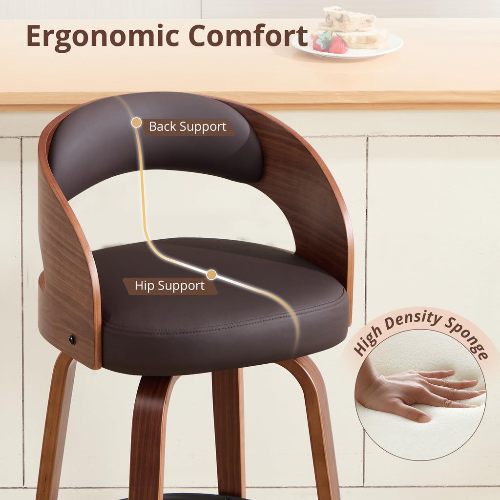 Swivel Bar Stool Set of 1, 26" Faux Leather Upholstered Counter Height Barstool with Back, Mid-Century Modern Bar Chair
