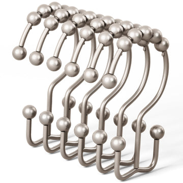 Shower Curtain Hooks, Rust Proof Metal Easy Glide Double Rings, Stainless Steel Hangers Curtains, Set of 12, Brushed