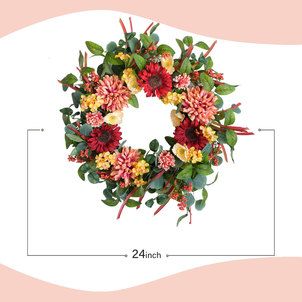 24 Inch Sunflower Dahlia Fall Harvest Wreath for Front Door