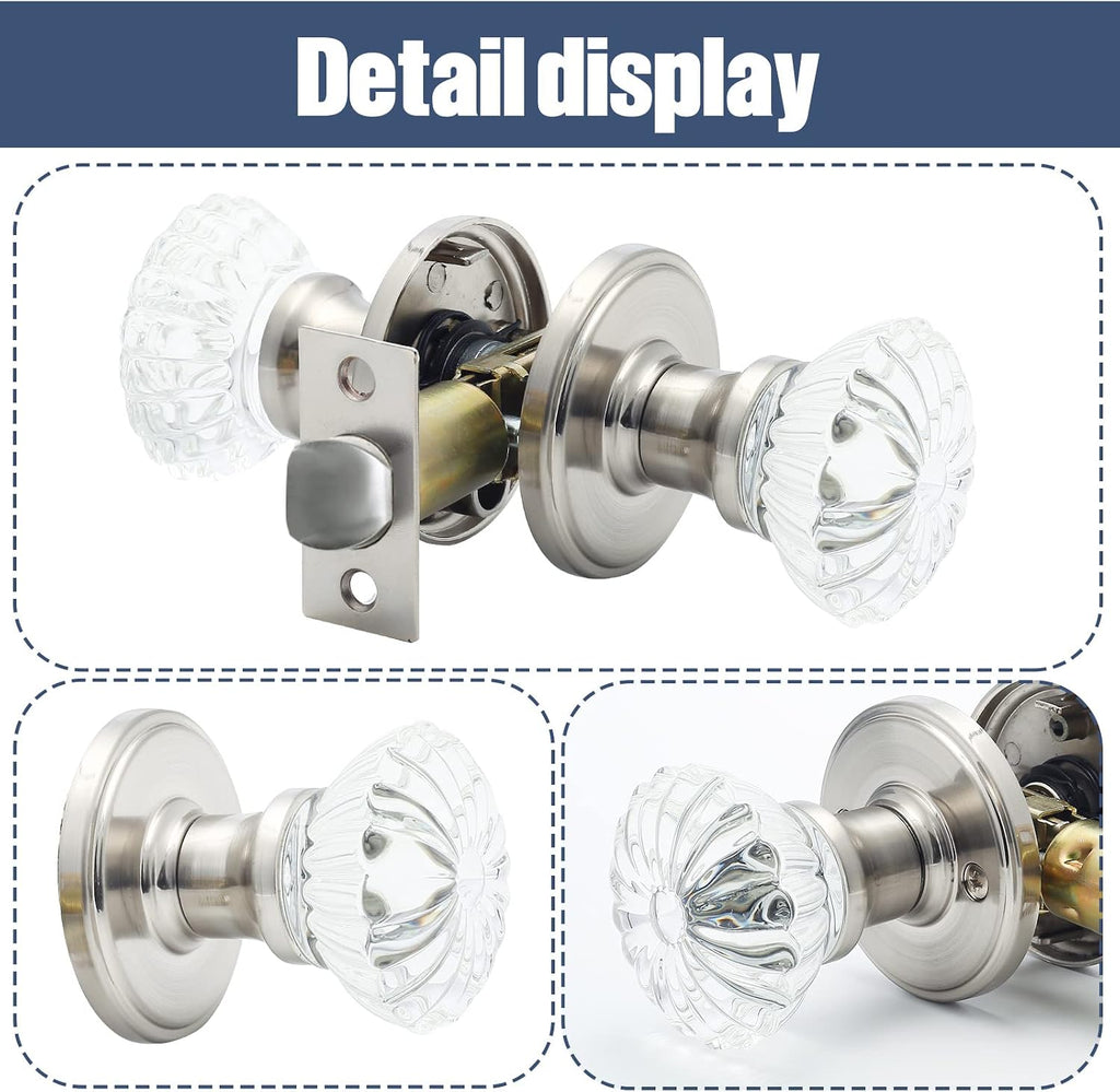 Crystal Door Knobs 2 Pack Glass Doorknobs for Bed Bath Clear Glass Privacy Interior Door Locks Handles (Satin Nickel
