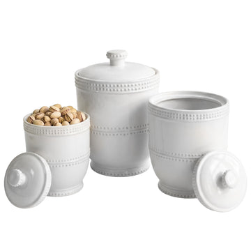 Round Ceramic Canister Set Lids Bianca Bead, White 3 PC
