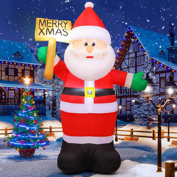 8 FT Christmas Inflatables Santa Claus Outdoor Decorations Blow Up Yard Santa Claus Holding Merry Xmas Sign with