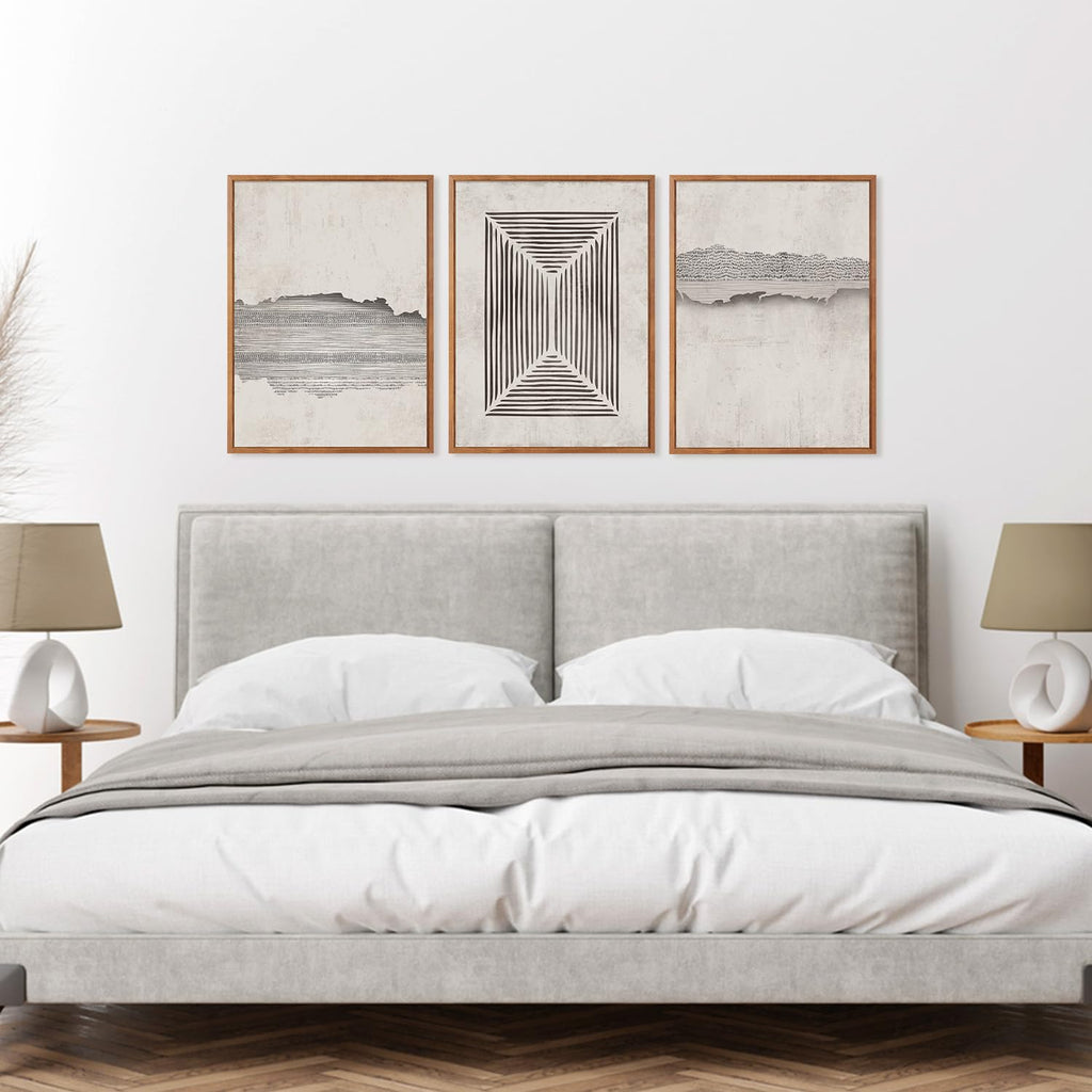 Abstract Minimalist Framed Canvas Wall Art Set Of 3, Modern Mid Century Wall Decor, Geometric Line Textured Inspired
