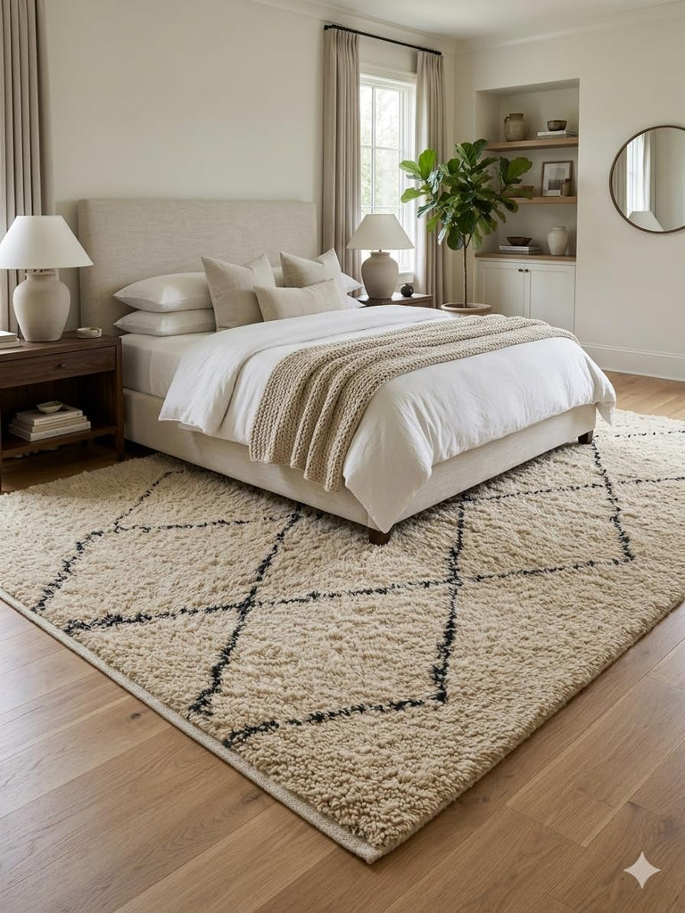 Wool Rug 6' x 9' - Handmade Berber Shag Area Rug, Beni Ourain Style, Ivory/Cream with Charcoal Ladder Diamond Pattern