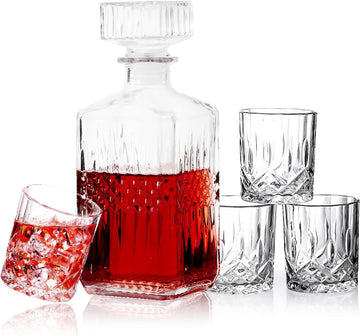 Whiskey Decanter Set for Men, 5-Piece Crystal Glass Decanter Set with 1000ml(33.8 oz) Decanter and 4×230ml(7.8oz) - Set of 5