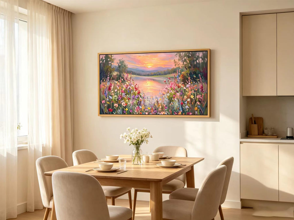 Large Floral Landscape Wall Art Wildflower Meadow Lake Sunset Painting Picture Colorful Botanical Flower Nature
