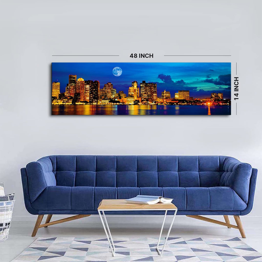 Boston Skyline Wall Blue Night Moon Massachusetts Cityscape Painting Canvas Prints USA Boston Downtown Skyscraper