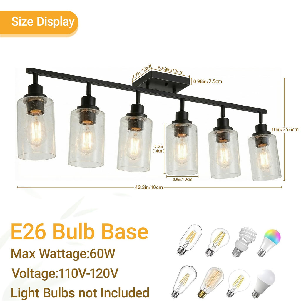 Track Light Fixture, Black Bathroom Lighting Fixture Ceiling with Seeded Glass, Multi-Directional Ceiling