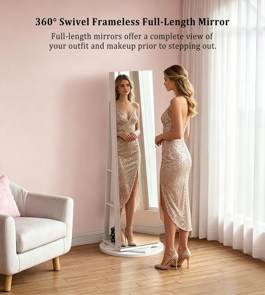 LED Jewelry Cabinet Standing with Frameless Full-Length Mirror, White