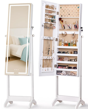 Lockable LED Standing Mirror with Storage, 60.2 in Jewelry Cabinet