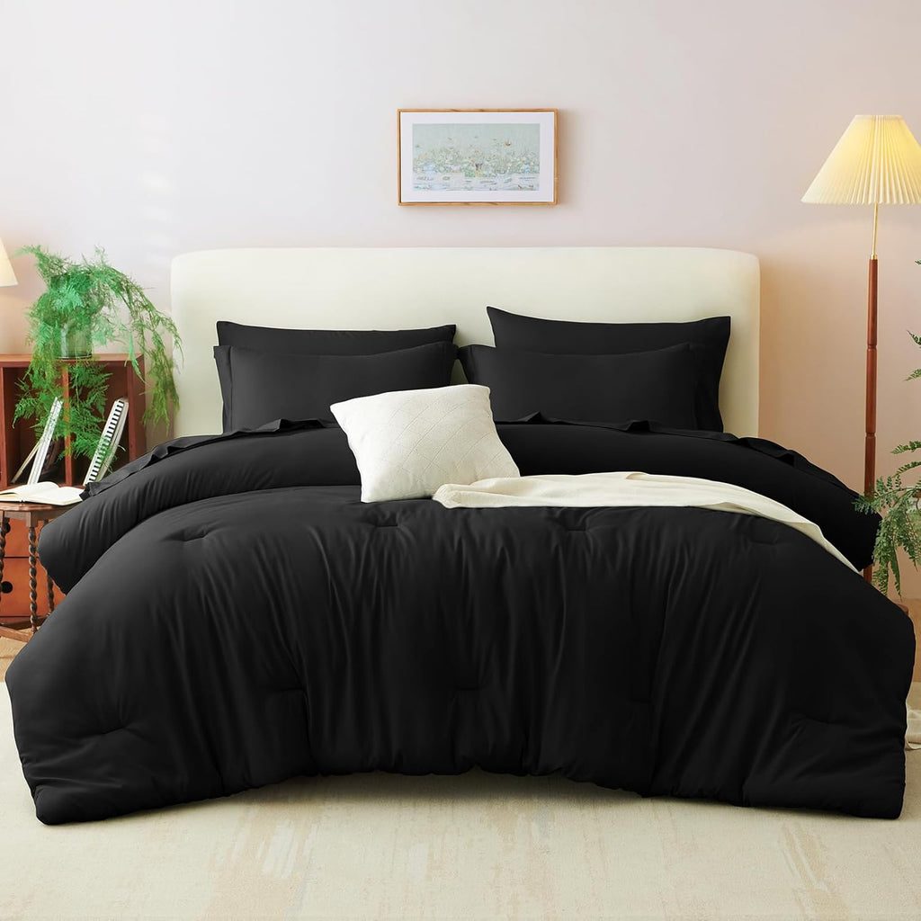 Queen Comforter Set Black, 7 Pieces Bed in a Bag Soft Bedding Comforter Set with Sheets