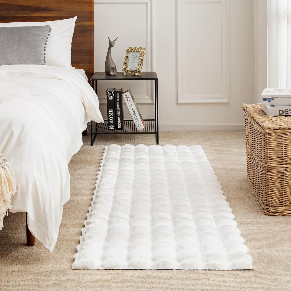 Faux Rabbit Fur Rug, White Fluffy Soft Runner Area Rugs, Rectangle Fuzzy Carpet, Machine Washable - 3D Bubble