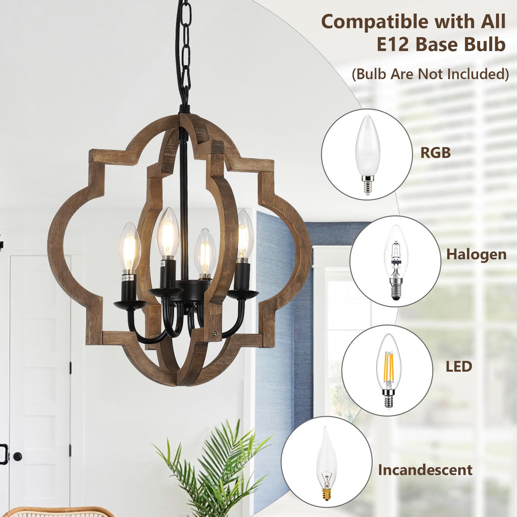 Farmhouse Chandelier Light Fixtures, 4-Light Dining Room Light Fixtures Over Table, Solid Wood Chandeliers, 15.7"