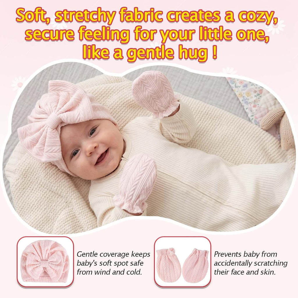 8 Sets Newborn Baby Girl Bow Hats and Mittens Turban Beanies 0