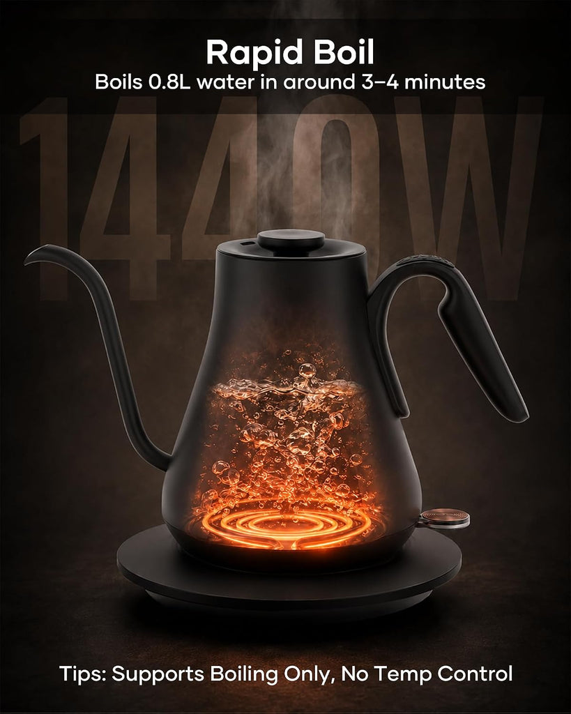 Gooseneck Electric Kettle 0.8L, Fast Boil Pour Over Coffee, Tea | 1440W Fast Boil, 304 Stainless Steel Interior